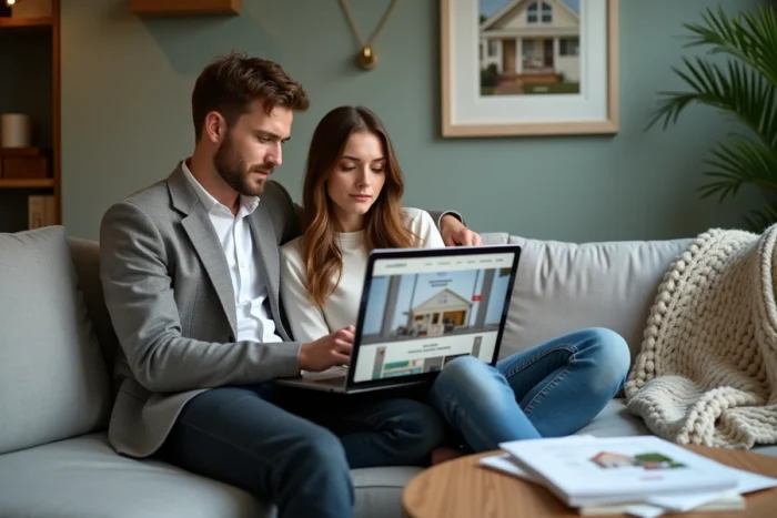 Couple d'acheteurs immobiliers comparant les prix des visites virtuelles de maison sur un ordinateur portable chez eux