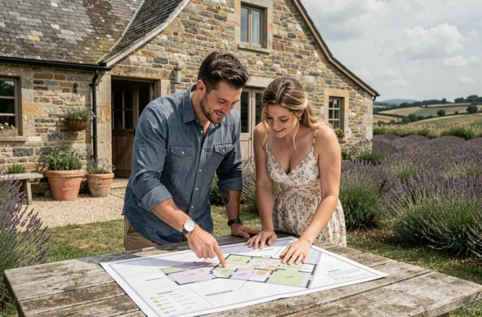 Couple consultant un plan de site de mariage en extérieur devant une grange en pierre entourée de champs de lavande