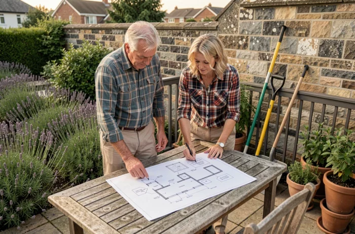 Couple planifiant un projet de jardin sur une terrasse avec des plans de jardinage étalés sur une table en bois