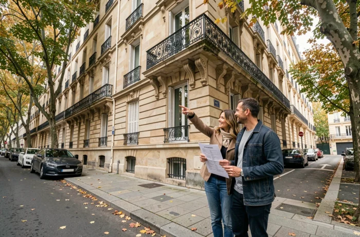 Couple visitant un immeuble locatif en pierre dans une rue résidentielle française typique