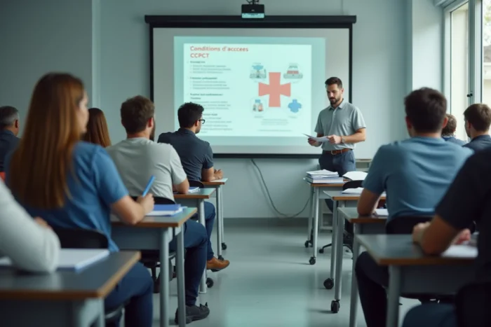 Étudiant en formation CCPCT pour devenir chauffeur VSL prenant des notes dans une salle de cours avec d'autres apprenants adultes
