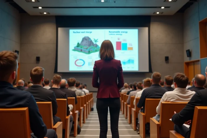 Professeure donnant un cours sur les enjeux du nucléaire et de la transition énergétique devant des étudiants dans un amphithéâtre universitaire
