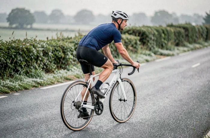Cycliste sur un vélo de route d'entrée de gamme type Triban RC120 sur route rurale asphaltée