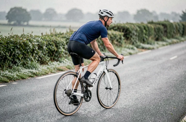 Cycliste sur un vélo de route d'entrée de gamme type Triban RC120 sur route rurale asphaltée