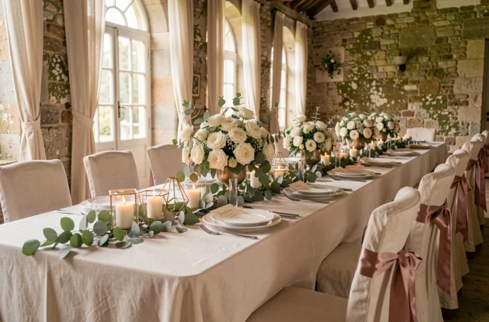 Table de mariage décorée de roses blanches, bougies dorées et vaisselle élégante dans un château français