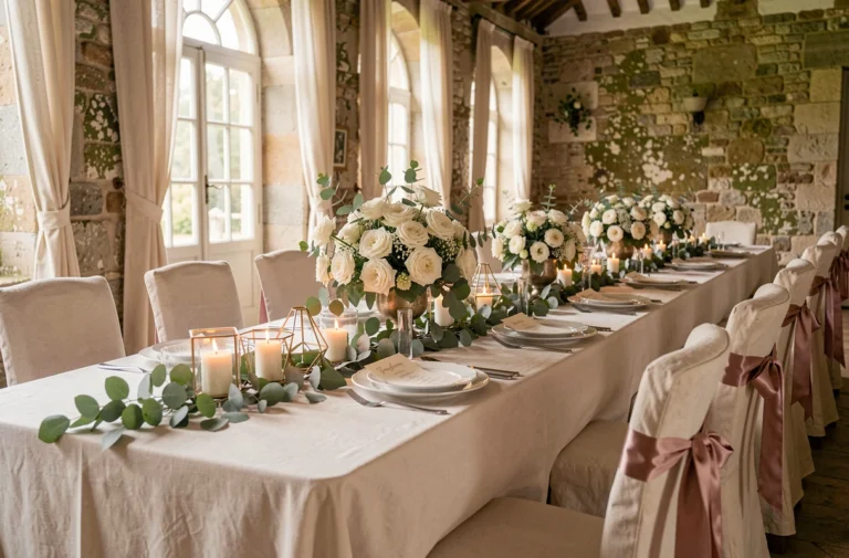 Table de mariage décorée de roses blanches, bougies dorées et vaisselle élégante dans un château français