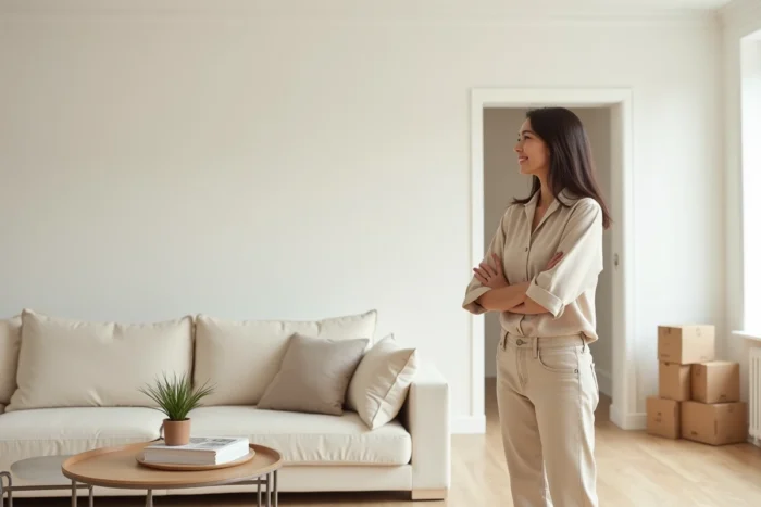 Salon dépersonnalisé et épuré prêt pour des visites immobilières avec décoration neutre