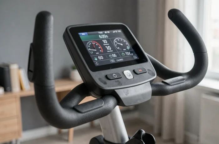 Gros plan sur le tableau de bord numérique et le guidon du vélo d'appartement Sportstech SX200