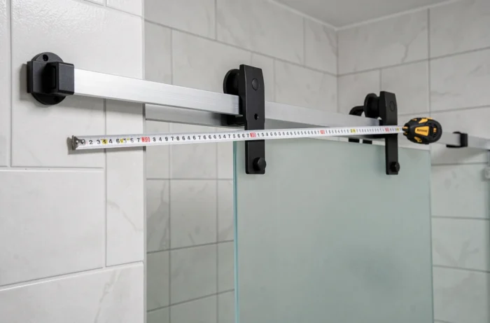 Détail du rail et de la mesure d'une porte coulissante en verre dépoli installée dans une salle de bain rénovée