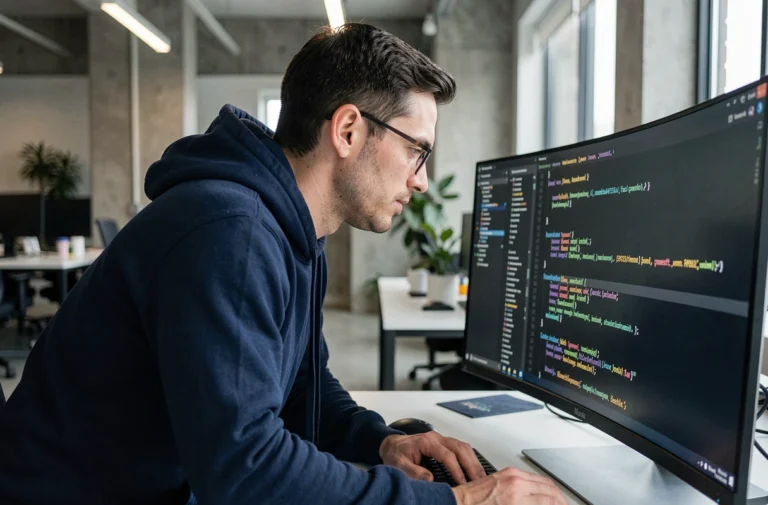 Développeur web analysant le fonctionnement d'une API SVC sur un écran ultrawide dans un open space moderne