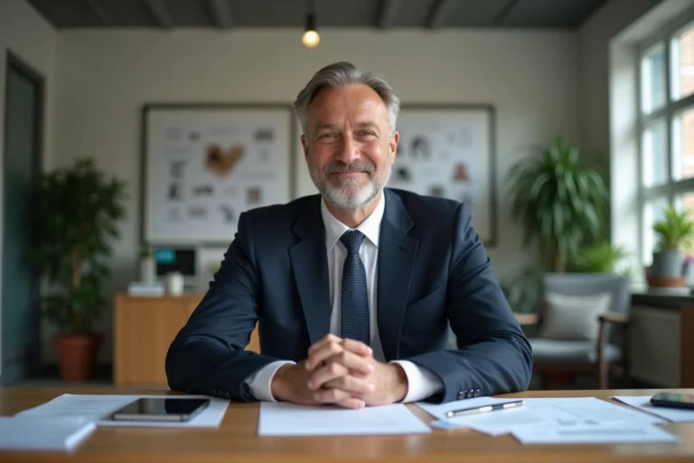 Directeur général de la SPA assis à son bureau dans les locaux de l'organisation, illustrant la gestion et le salaire des dirigeants d'associations animales en 2024