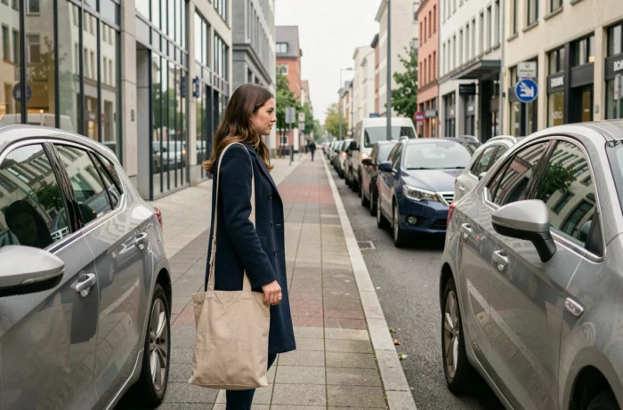 Femme observant l'espace de stationnement entre deux voitures garées en ville pour évaluer la distance réglementaire