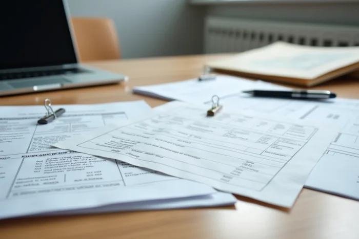 Dossier de vente immobilière complet avec diagnostics, plans et documents administratifs sur un bureau