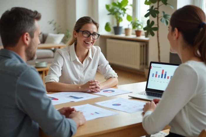 Agente immobilière présentant deux estimations comparatives à des propriétaires autour d'une table