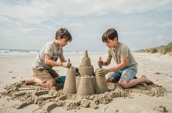 Deux enfants construisant un château de sable sur une grande plage bretonne en été