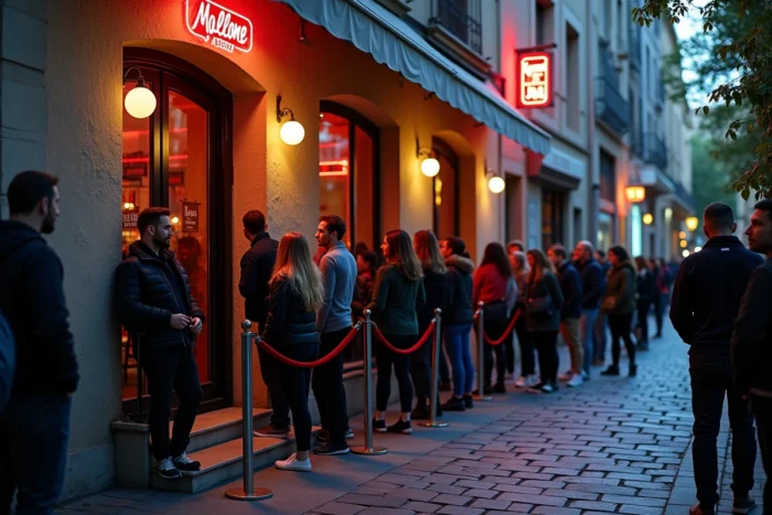 File d'attente devant l'entrée d'une boîte de nuit populaire dans une rue pavée d'Aix-en-Provence