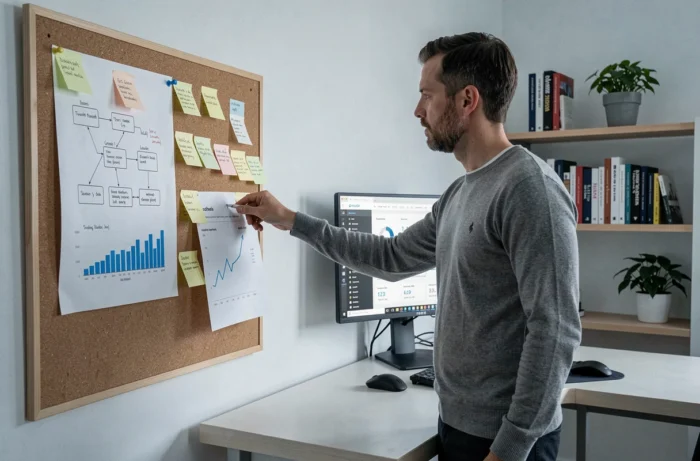 Entrepreneur masculin planifiant sa stratégie de croissance en ligne avec des ressources visuelles