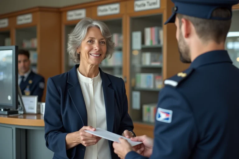 Femme remettant une lettre recommandée R2 à un guichetier dans un bureau de poste français