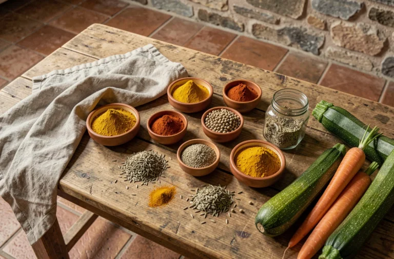 Assortiment d'épices colorées dans des bols en céramique sur une table en bois rustique, avec des légumes frais, pour relever le goût des gratins et légumes