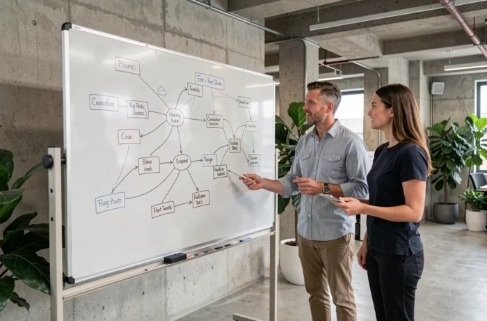 Deux professionnels analysant ensemble un schéma de processus sur un tableau blanc dans un bureau moderne