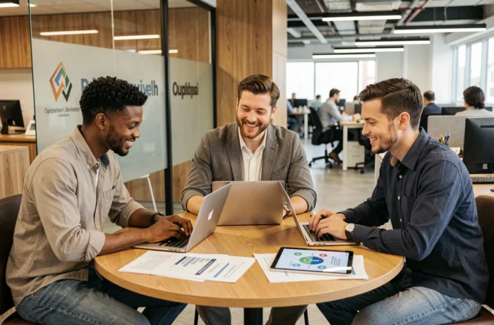 Équipe de professionnels collaborant sur des ressources pour accélérer le succès de leur entreprise en ligne
