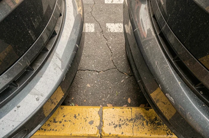 Vue en plongée rapprochée de l'espace entre deux pare-chocs de voitures stationnées en ville illustrant la distance de stationnement minimale