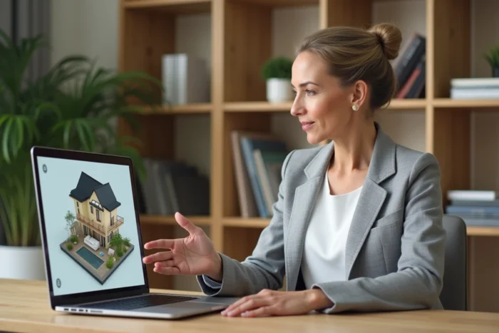 Femme évaluant le coût d'une visite virtuelle immobilière sur son ordinateur portable dans un bureau moderne