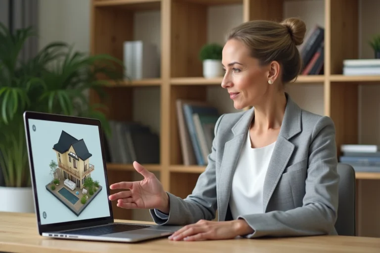Femme évaluant le coût d'une visite virtuelle immobilière sur son ordinateur portable dans un bureau moderne