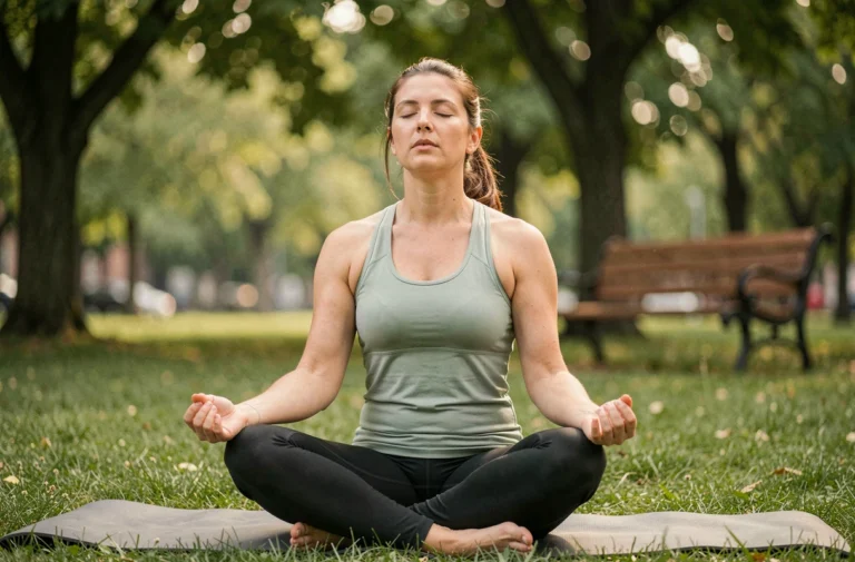 Femme pratiquant des exercices de respiration profonde en plein air dans un parc verdoyant, assise en tailleur sur un tapis de yoga