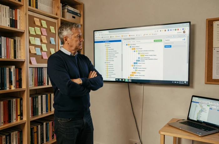 Homme debout devant un écran affichant un outil d'exploration de structure de site web dans un bureau à domicile