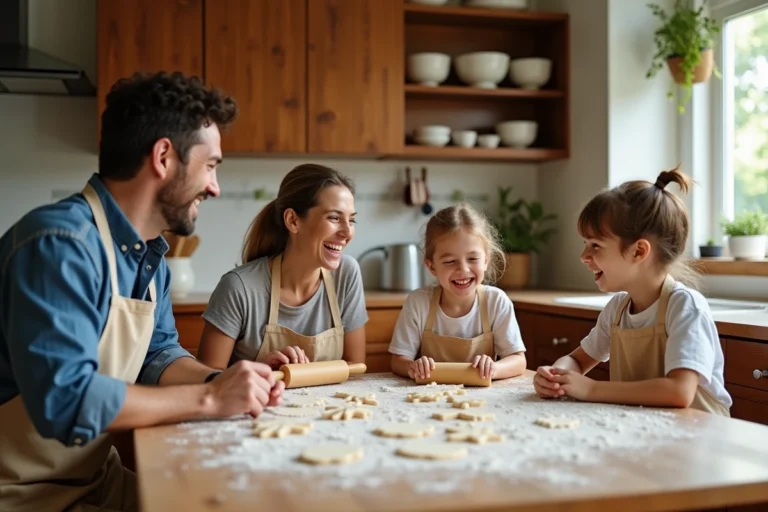 Famille en train de préparer des biscuits ensemble dans une cuisine chaleureuse, parents et enfants riant autour d'une table en bois farinée