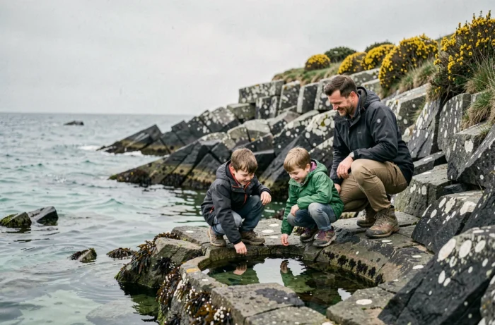 Famille explorant les rochers et les cuvettes de marée sur la côte bretonne pendant les vacances