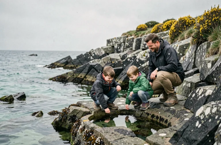 Famille explorant les rochers et les cuvettes de marée sur la côte bretonne pendant les vacances