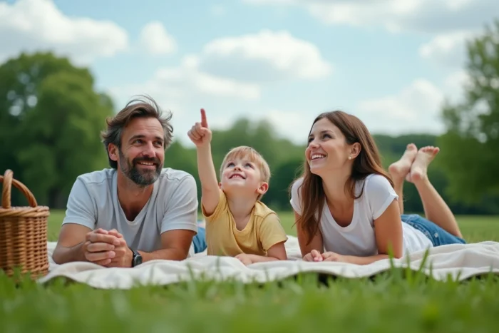 Père, mère et enfant allongés sur un plaid dans un parc verdoyant, regardant le ciel ensemble lors d'un pique-nique familial détendu