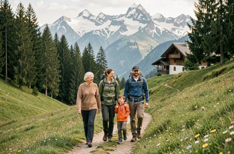 Famille multigénérationnelle faisant une randonnée sur un sentier alpin suisse avec des chalets en arrière-plan