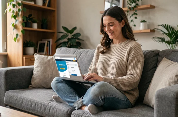 Femme souriante consultant son abonnement Amazon Prime sur un ordinateur portable depuis son canapé