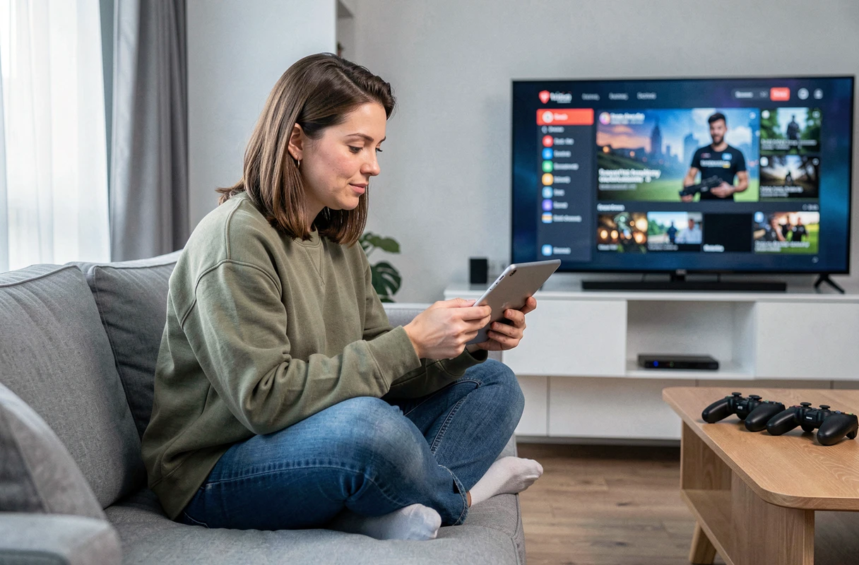 Femme consultant les nouveautés du monde du jeu vidéo sur une tablette dans son salon