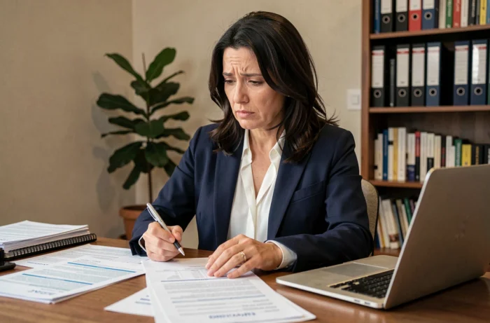 Femme analysant ses relevés bancaires et documents financiers à son bureau à domicile pour comprendre un prélèvement ADIS