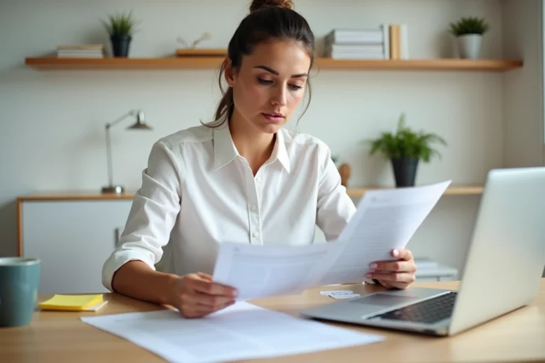 Femme en reconversion professionnelle analysant son bilan de compétences à son bureau à domicile