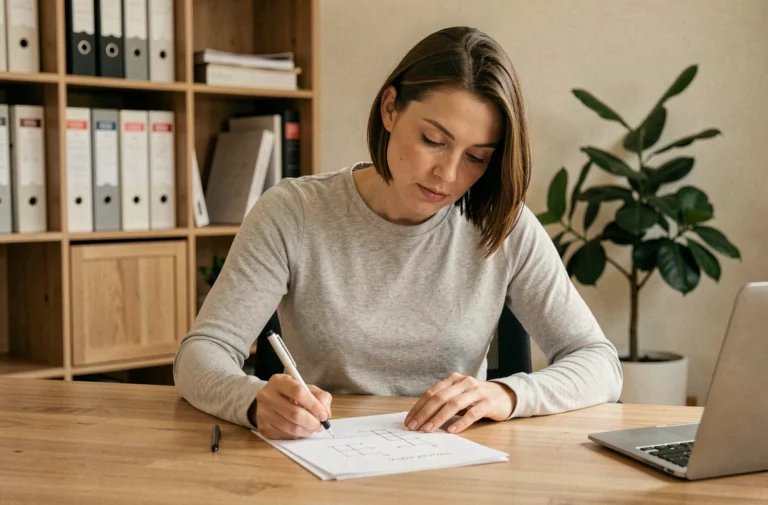 Femme concentrée prenant des notes sur un guide explicatif à son bureau, illustrant la compréhension d'un processus complexe