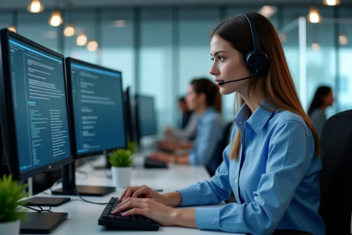 Femme en bureau résolvant un problème de connexion internet sur deux écrans d'ordinateur