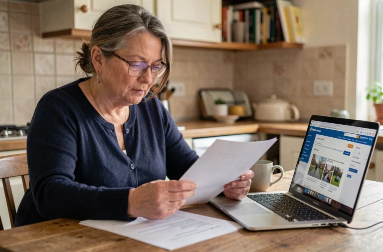 Femme d'âge mûr comparant les avantages du portail La Poste avec des documents sociaux à son domicile