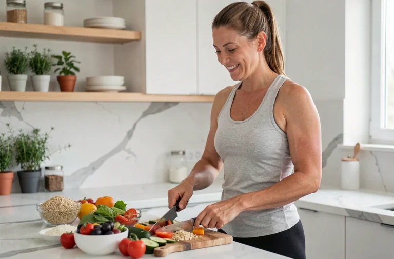Femme préparant un repas sain et équilibré dans une cuisine moderne pour accompagner sa perte de poids