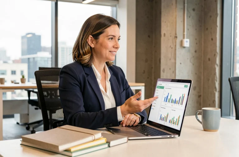 Femme entrepreneur analysant des ressources numériques pour développer son entreprise en ligne