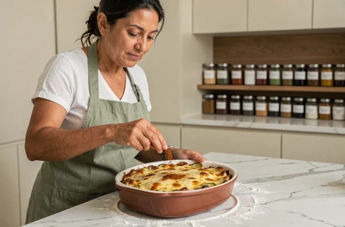 Femme saupoudrant du paprika fumé sur un gratin de légumes doré dans une cuisine moderne, illustration des meilleures épices pour gratins