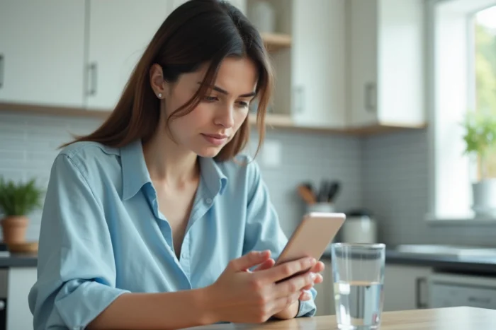 Femme consultant son smartphone avec une erreur de connexion sur l'application mail SFR