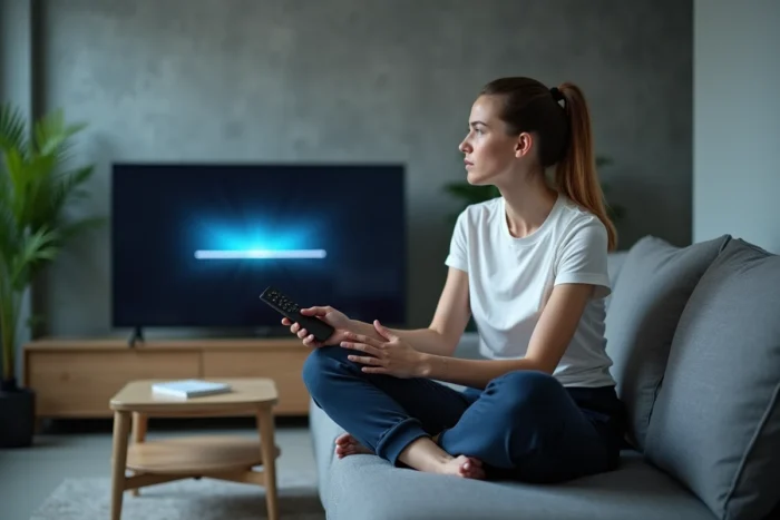 Femme perplexe tenant une télécommande devant un téléviseur affichant une erreur de streaming