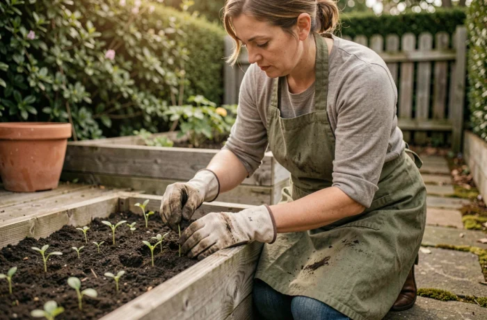 Femme jardinant dans un potager surélevé en bois, plantant des semis au printemps avec des gants de jardinage