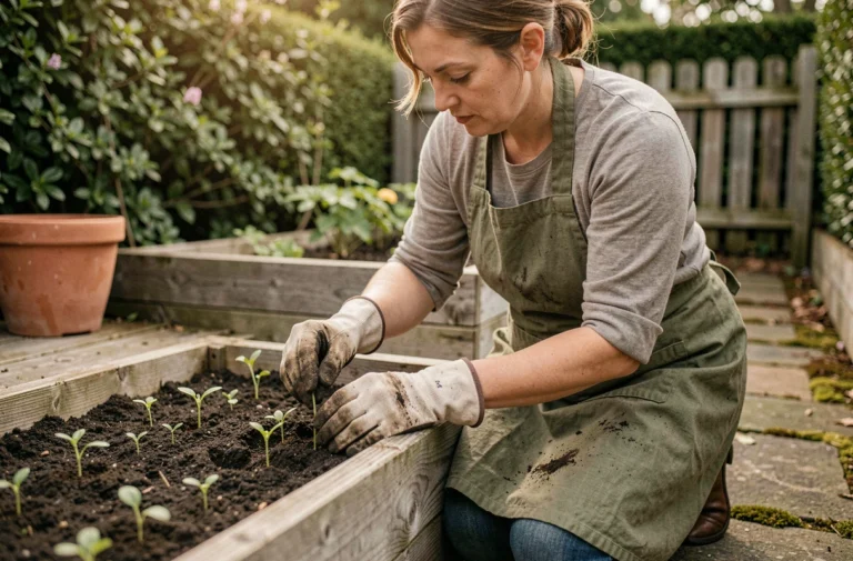 Femme jardinant dans un potager surélevé en bois, plantant des semis au printemps avec des gants de jardinage