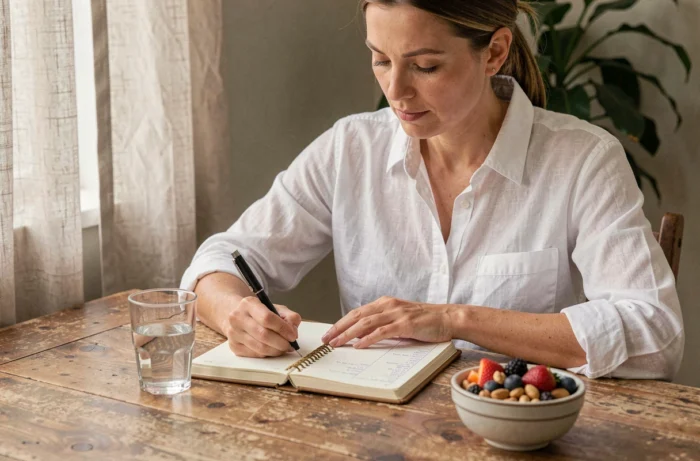 Femme tenant un journal alimentaire à la maison pour suivre ses habitudes dans le cadre d'une perte de poids durable